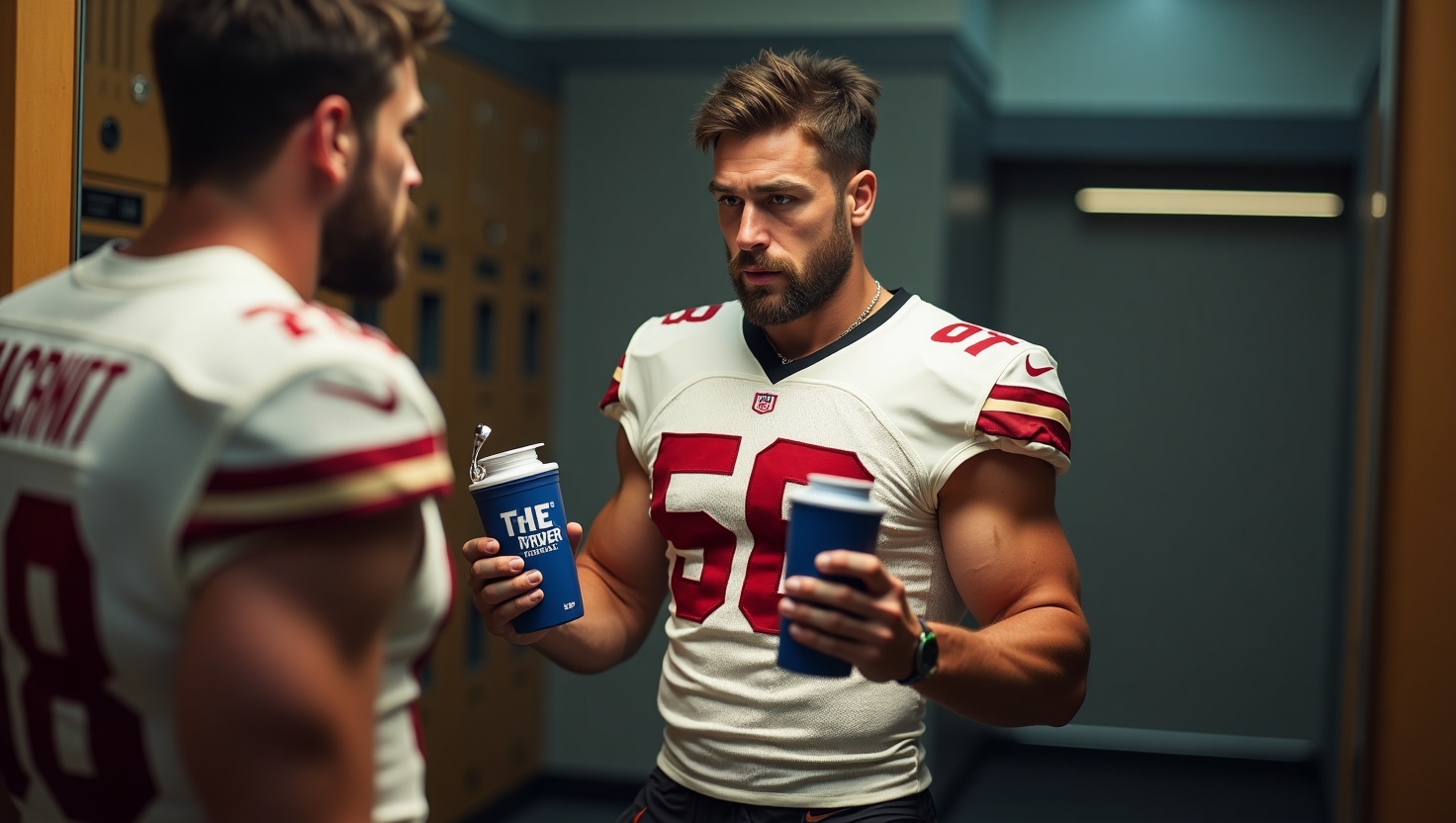 Football player preparing with protein supplement before game